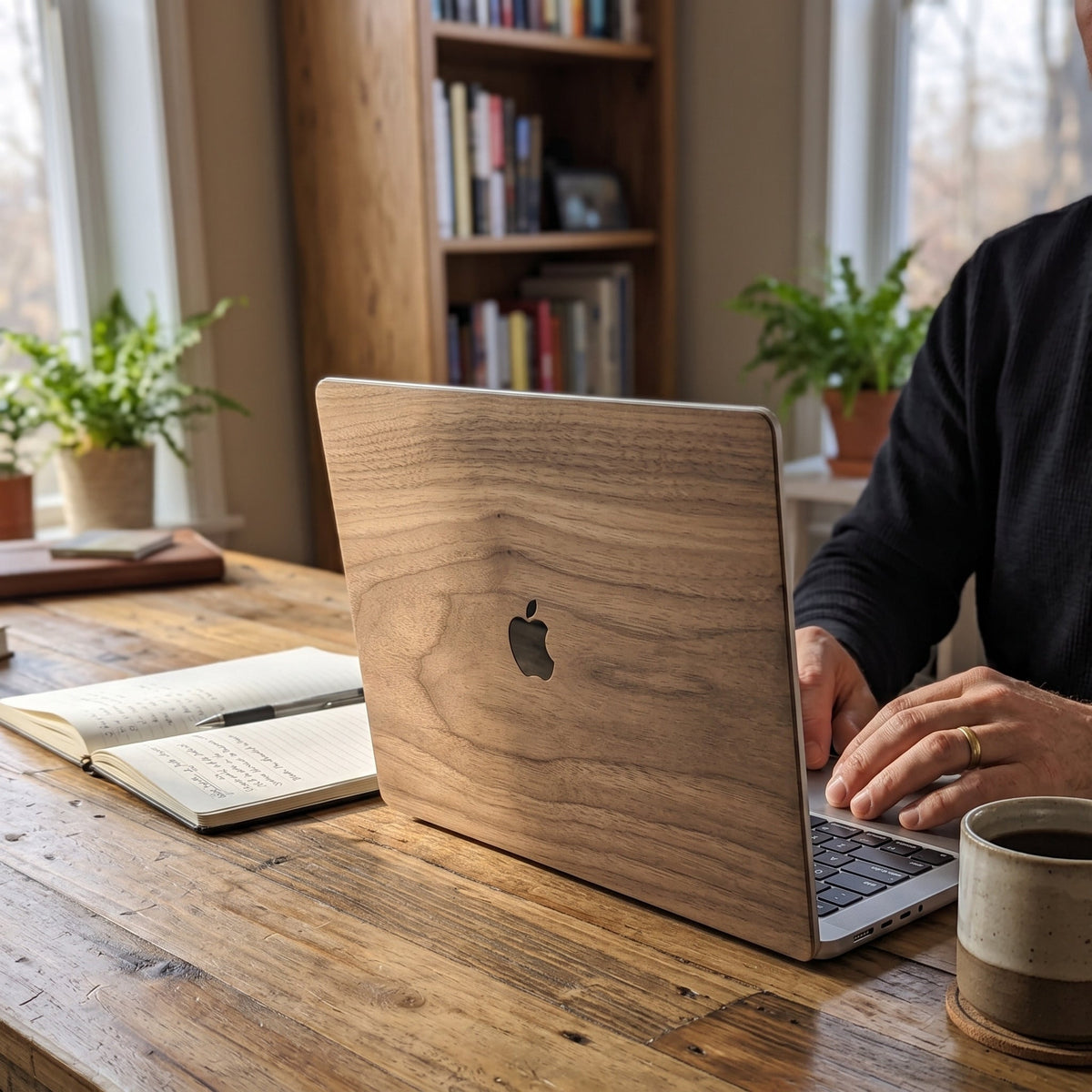 Real walnut wood MacBook Pro 14-inch skin, Cover-Up lifestyle shot on a home-office desk