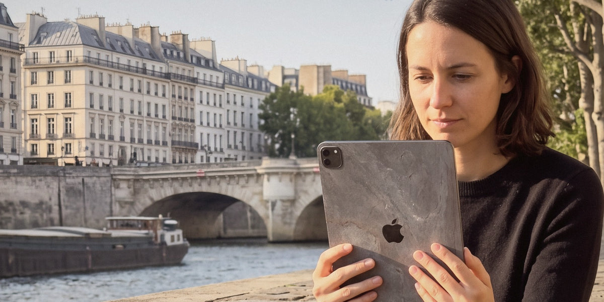Twilight stone iPad skin, reading on the Seine quay steps